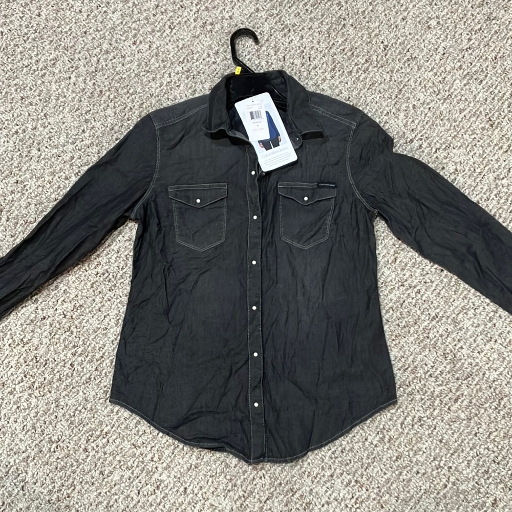 CALVIN KLEIN JEANS Black Gray Chambray Button Front Long Sleeve Top